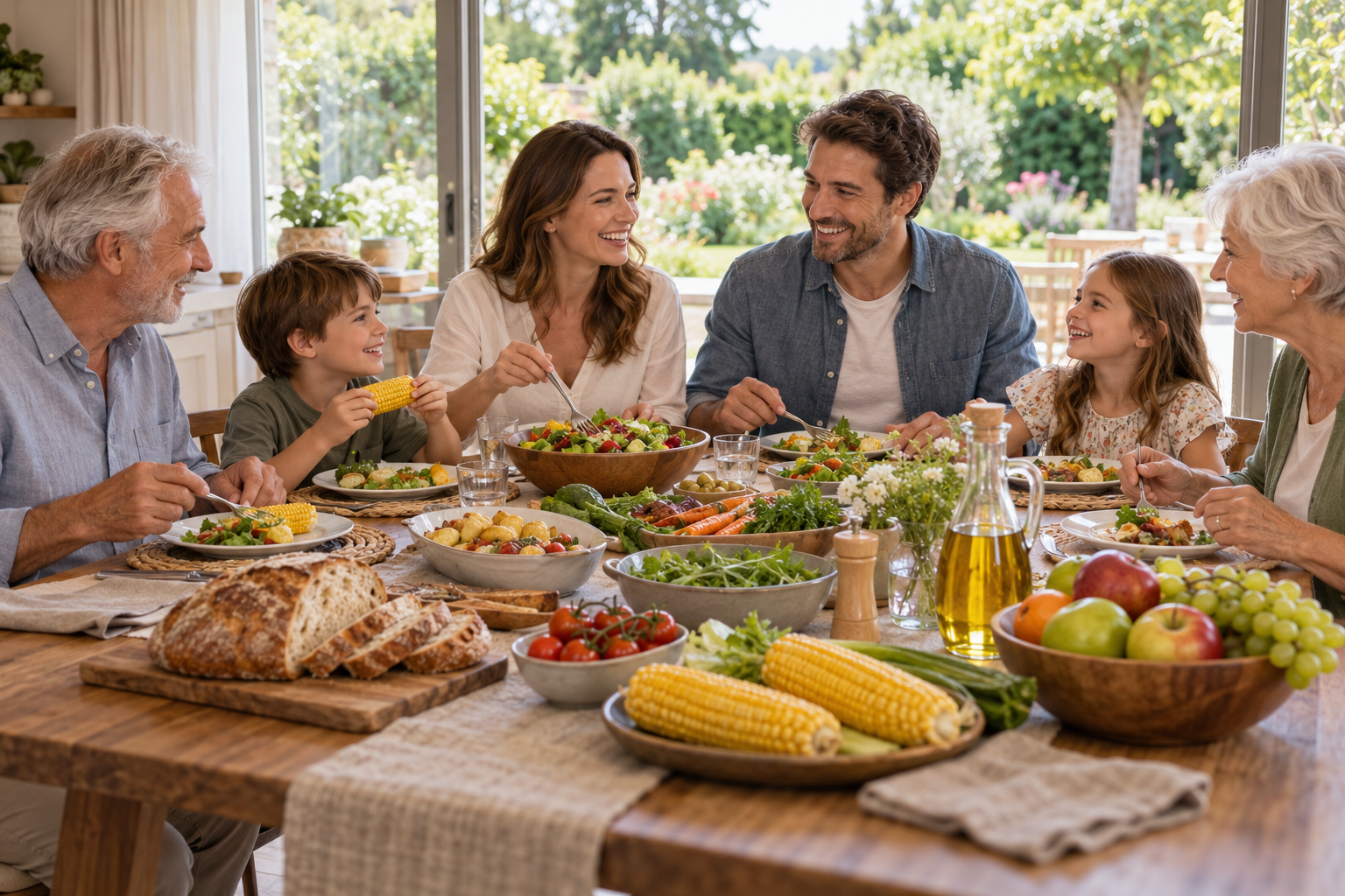 A happy multigenerational family enjoying fresh agricultural products around a shared meal